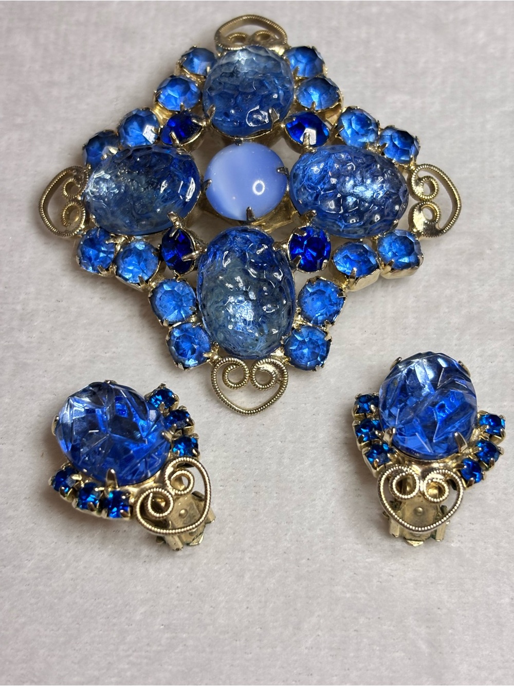 Vintage Czech Style Blue Art Glass Rhinestone Brooch & Clip Earrings Set